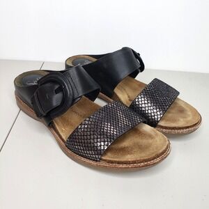 Söfft Black Leather Buckle‎ Accent Metallic Snake Print Slide Sandals Size 7